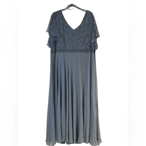 J Kara Dusty Blue Beaded Flutter Sleeve Maxi Gown – Elegant Formal Evening Dress - Picture 8 of 9